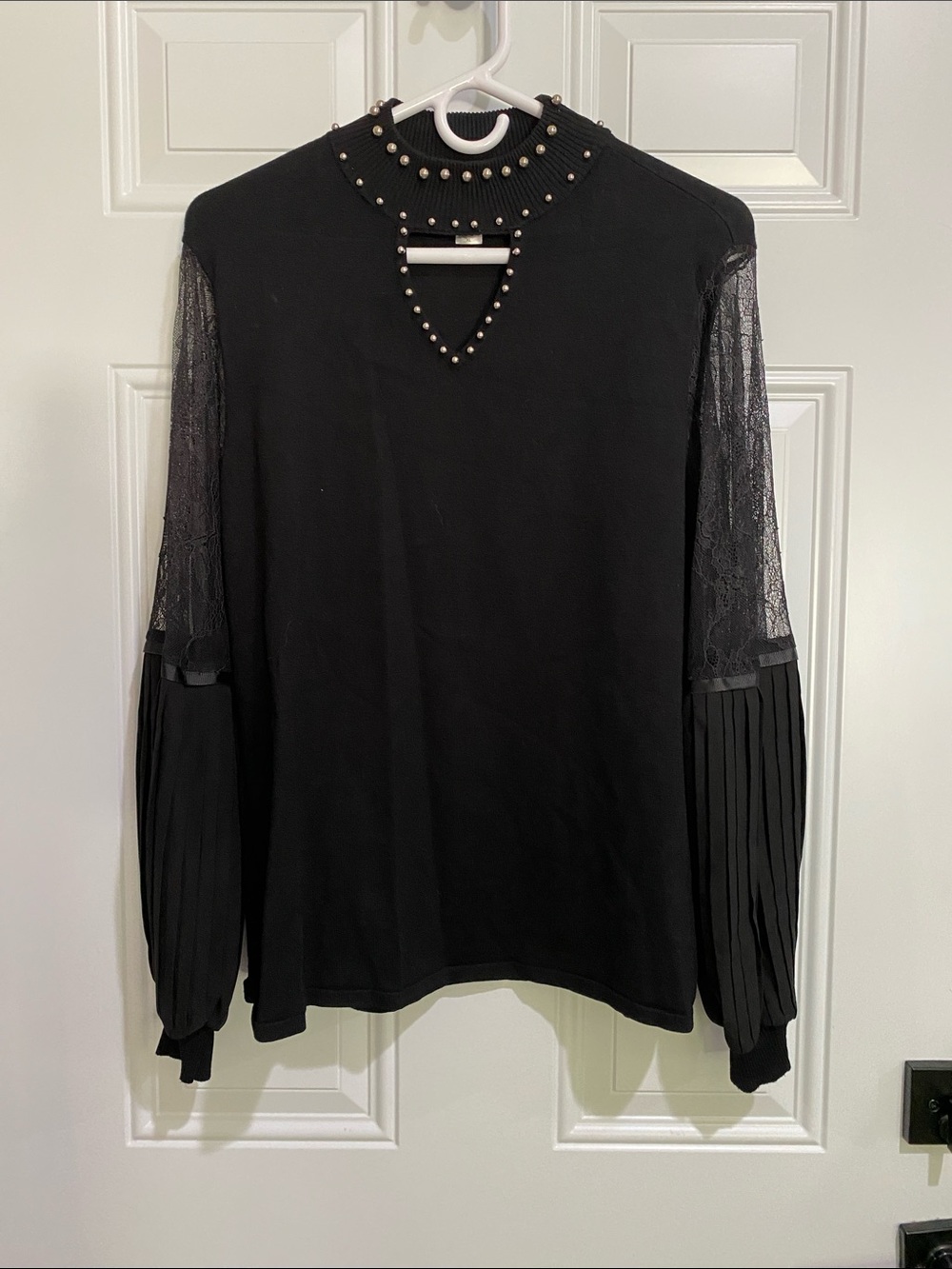 Black Studded Lace-Sleeve Women's Top